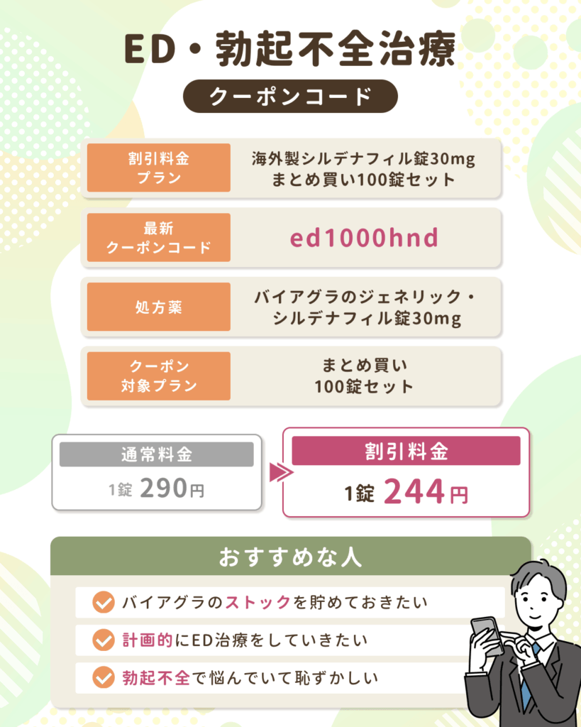 【DMMのAGAクーポン以外】ED・勃起不全治療クーポンコード最新版一覧