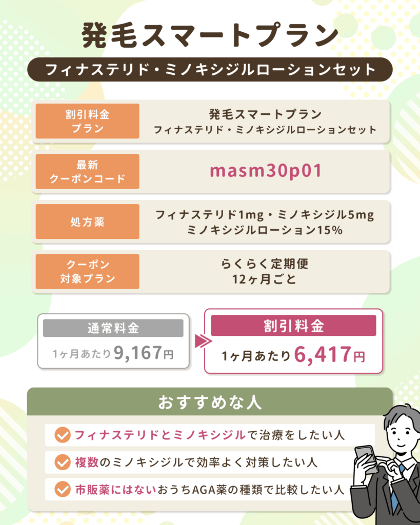 DMMの発毛スマートプラン・フィナステリド・ミノキシジルローションセット30%割引になるAGAクーポンコード