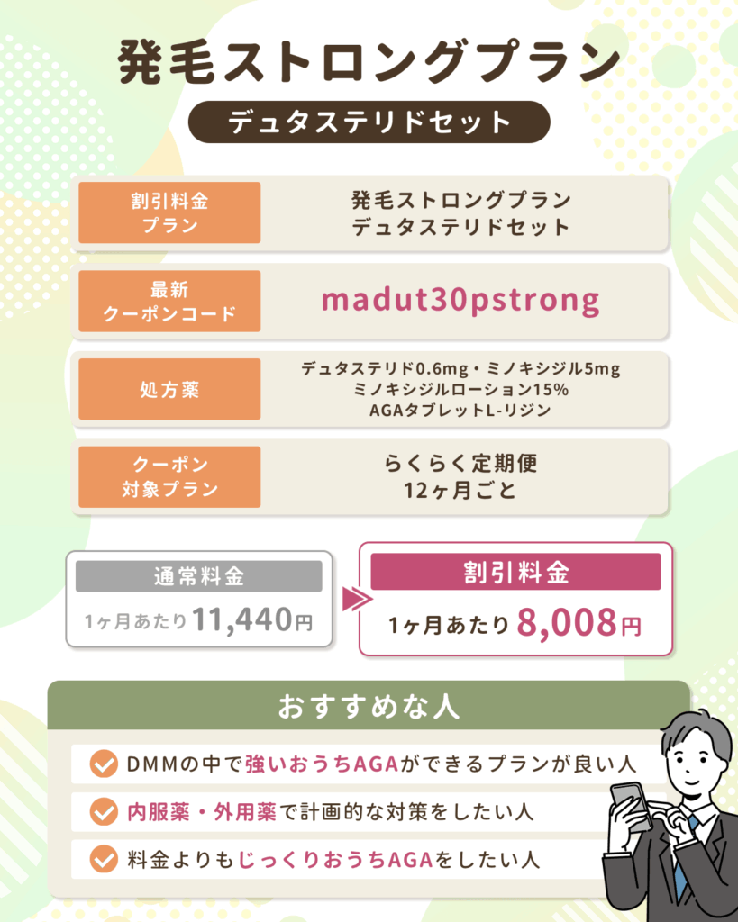 DMMの発毛ストロングプラン・デュタステリドセット30%割引になるAGAクーポンコード